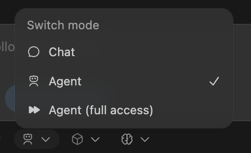 Codex IDE extension "Switch mode" dropdown showing three options: Chat, Agent (checked), and Agent (full access)