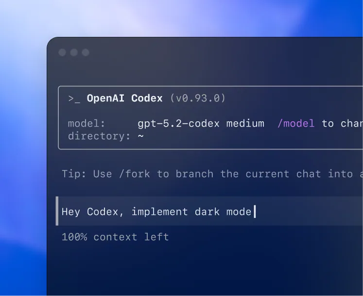 The OpenAI Codex CLI terminal (v0.93.0), showing the loaded model 'gpt-5.2-codex medium', the working directory, and a typed prompt 'Hey Codex, implement dark mode'