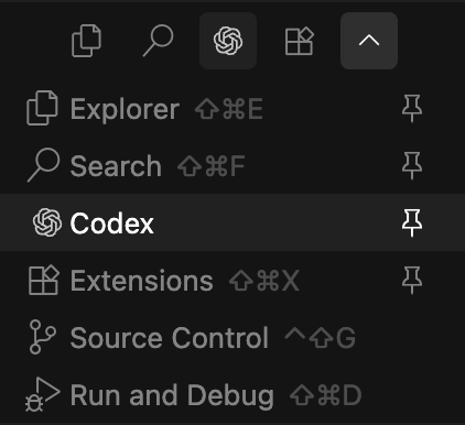 The VS Code activity bar with the Codex icon docked among Explorer, Search, Extensions, Source Control, and Run and Debug