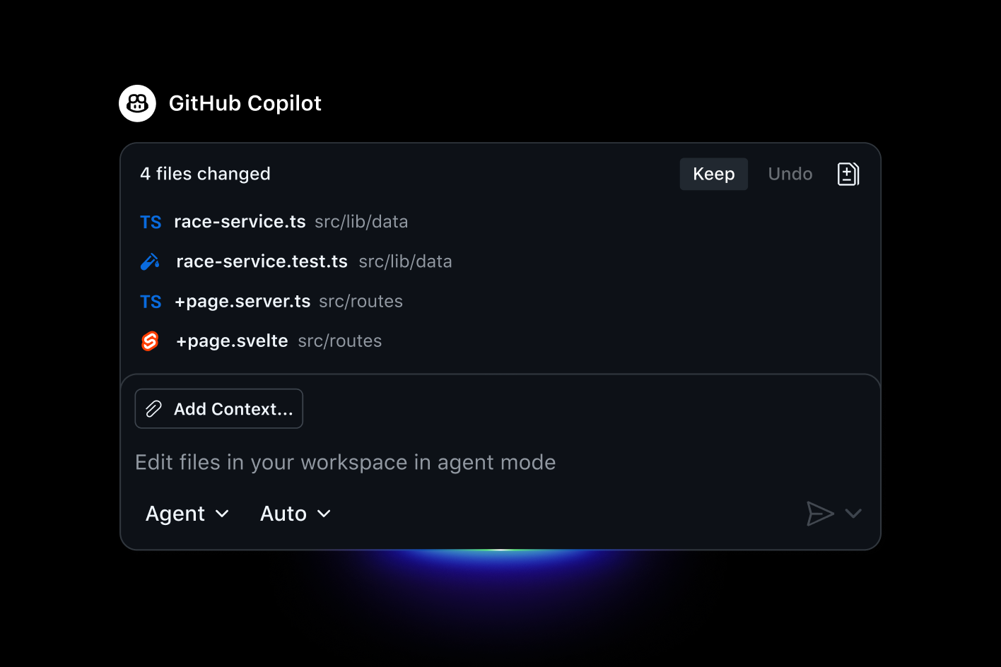 GitHub Copilot Agent Mode showing a '4 files changed' summary with Keep and Undo buttons and an Agent / Auto mode picker