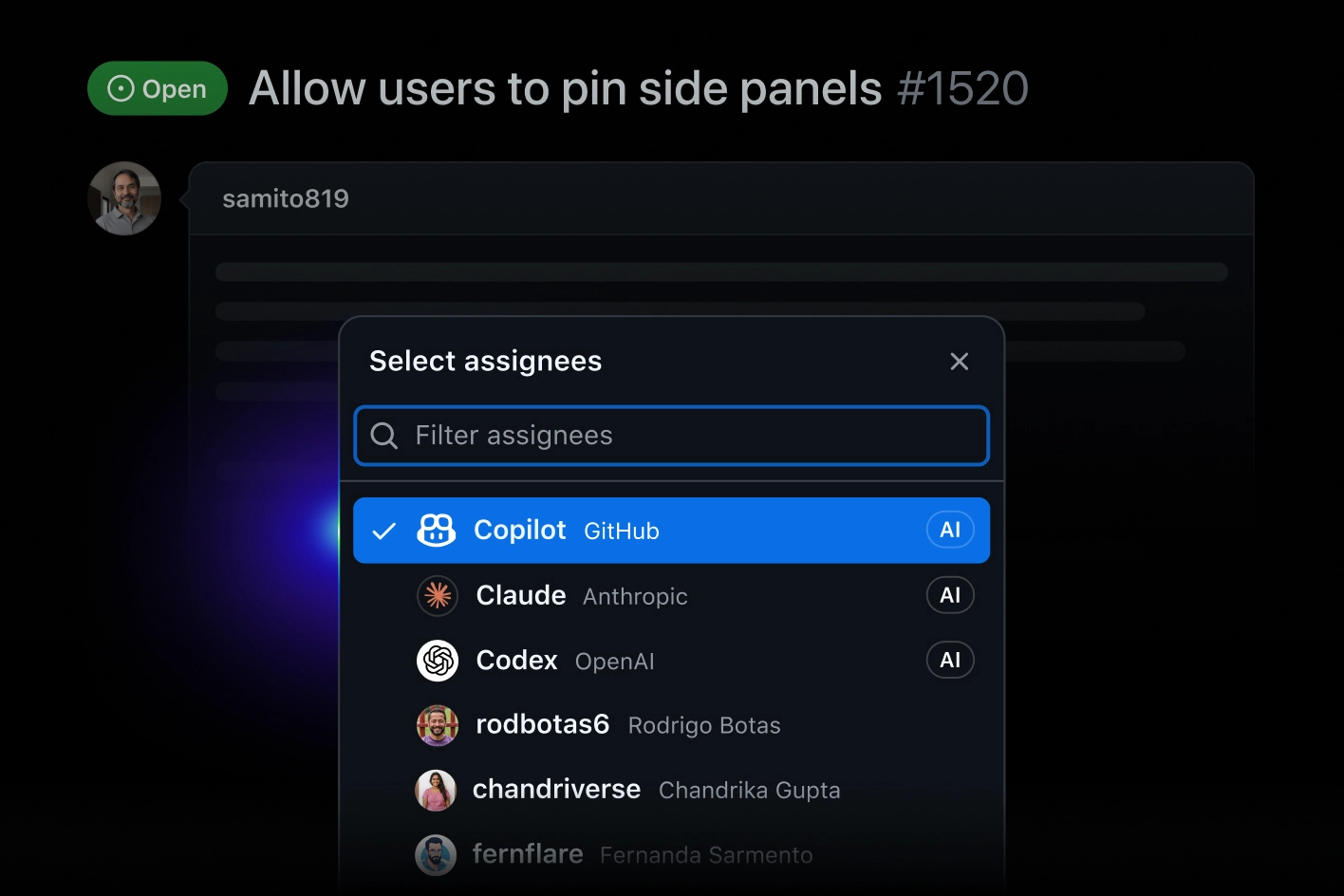 GitHub's Select assignees menu on an issue, with Copilot (GitHub) checked and Claude (Anthropic) and Codex (OpenAI) listed below as AI agents