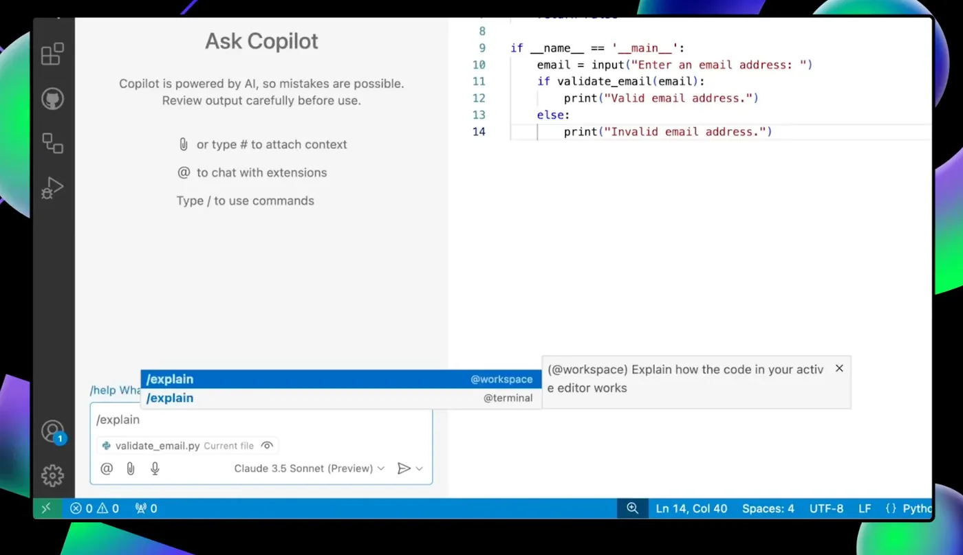 VS Code's 'Ask Copilot' chat panel with the slash-command menu open on '/explain', the current file 'validate_email.py' attached as context, and a model picker reading 'Claude 3.5 Sonnet'