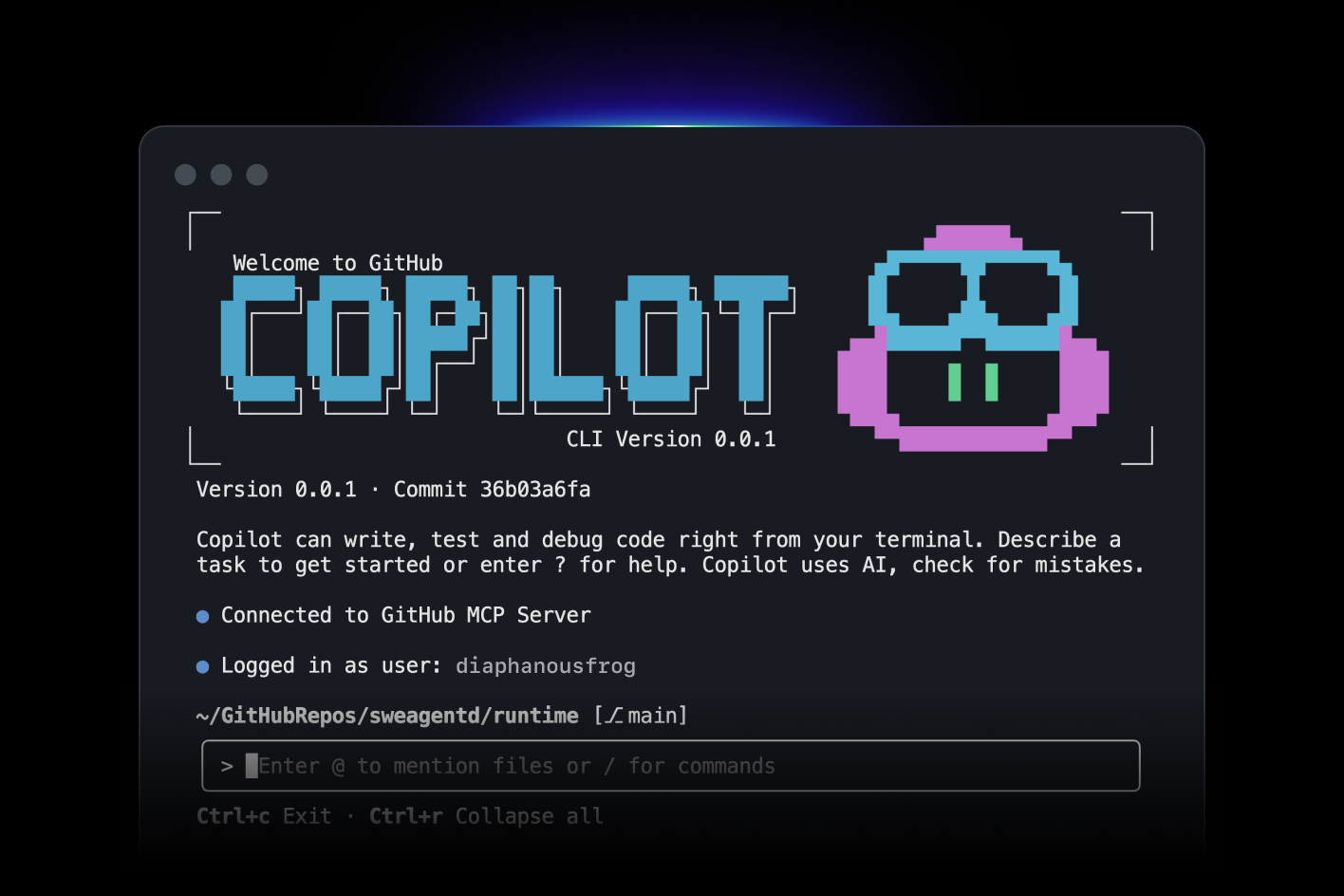 The GitHub Copilot CLI welcome screen in a terminal, showing the version, a logged-in user, and a prompt to enter a task