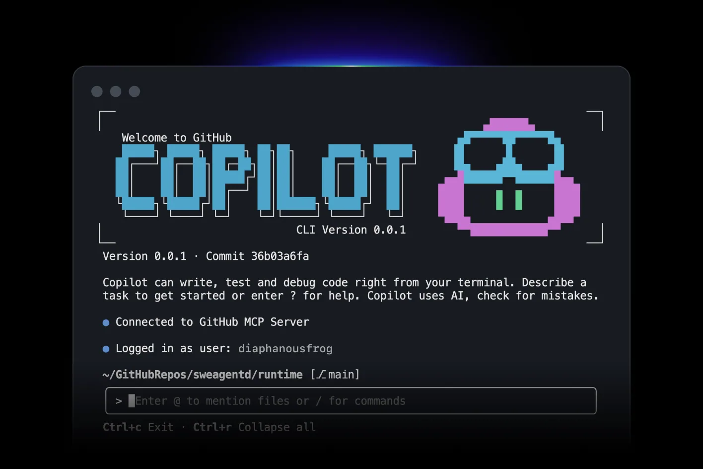 The GitHub Copilot CLI welcome screen in a terminal, showing the version, a logged-in user, and a prompt to enter a task