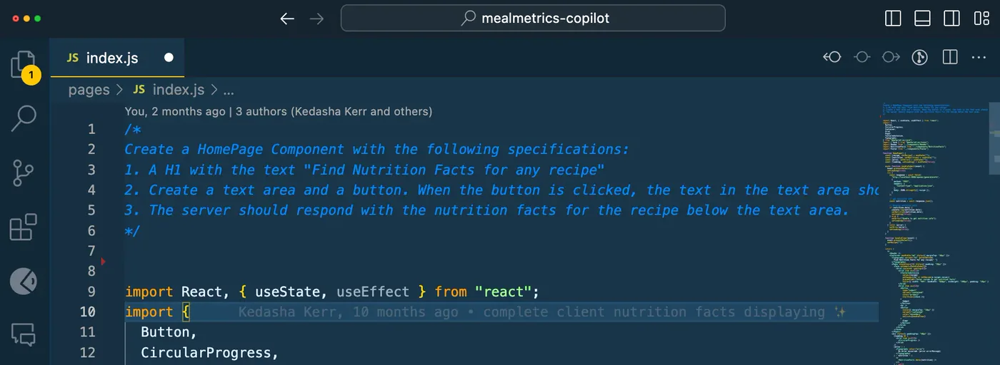 VS Code editing index.js, with a descriptive comment block ('Create a HomePage Component with the following specifications: 1. A H1...') that Copilot is using to generate the next lines of code