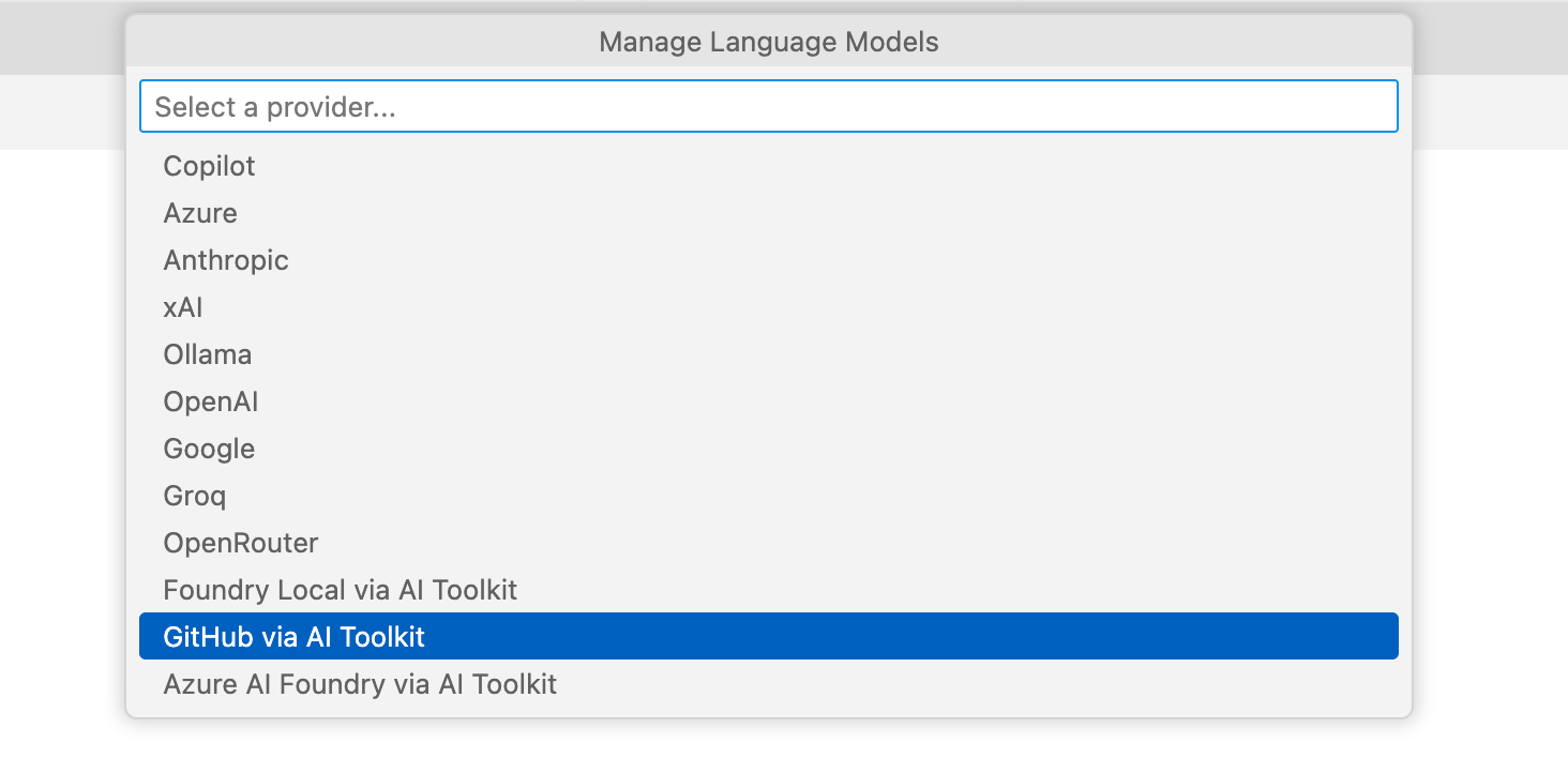 VS Code's 'Manage Language Models' dialog with a provider list: Copilot, Azure, Anthropic, xAI, Ollama, OpenAI, Google, Groq, OpenRouter