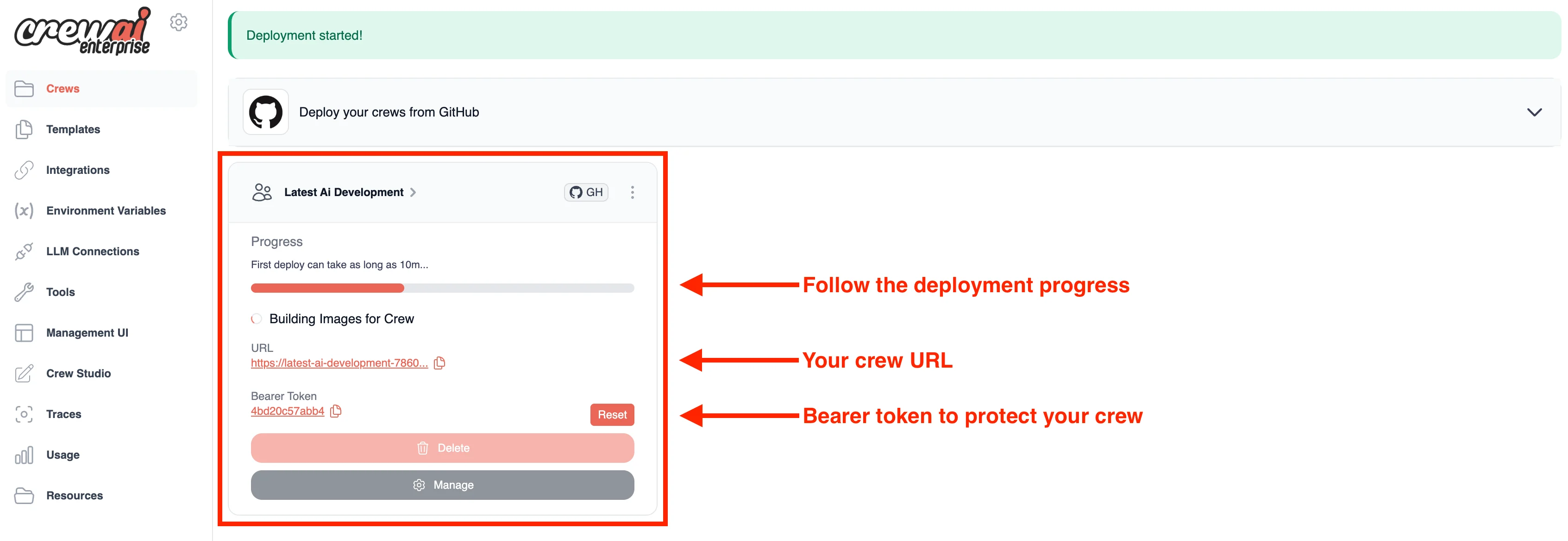 CrewAI AMP deployment screen showing 'Deployment started!', a progress bar building images for the crew, the crew's live URL, and a Bearer Token with a Reset button