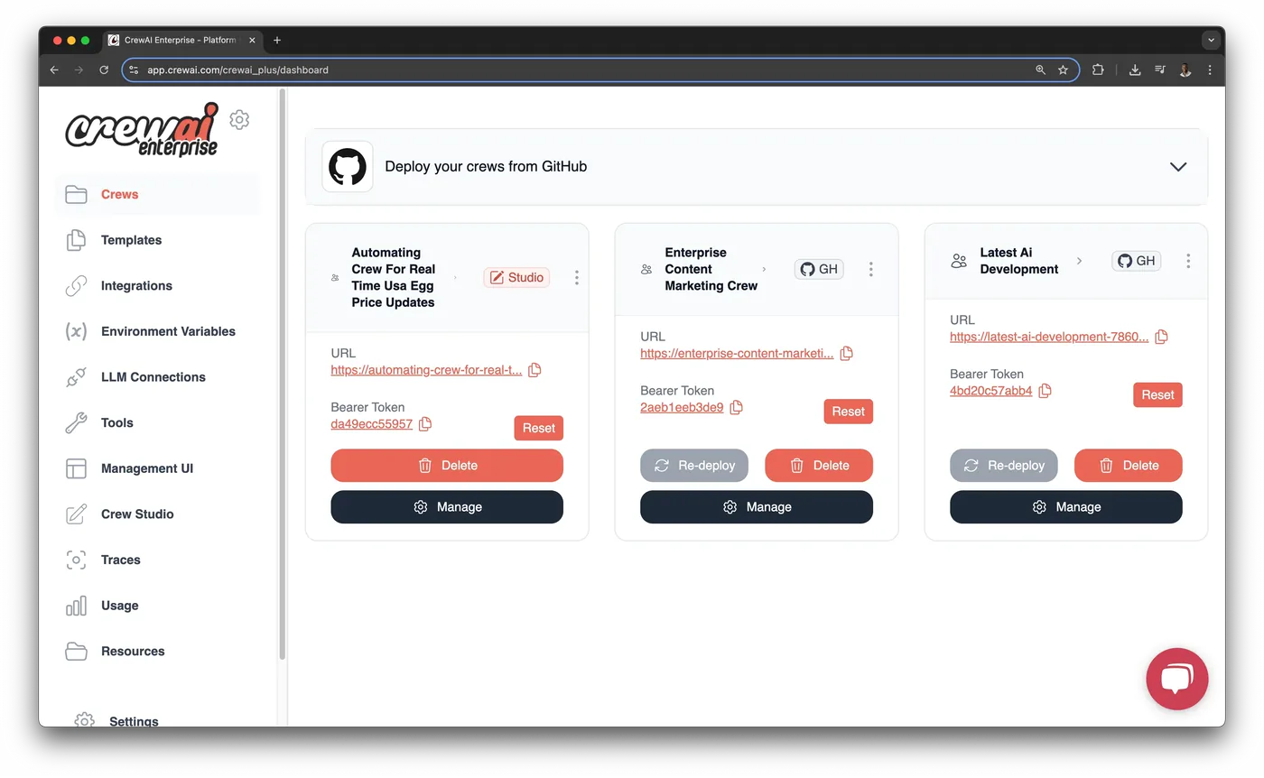 The CrewAI Enterprise dashboard listing three deployed crews side by side, each card showing its live URL, a Bearer Token with a Reset button, and Re-deploy / Delete / Manage controls