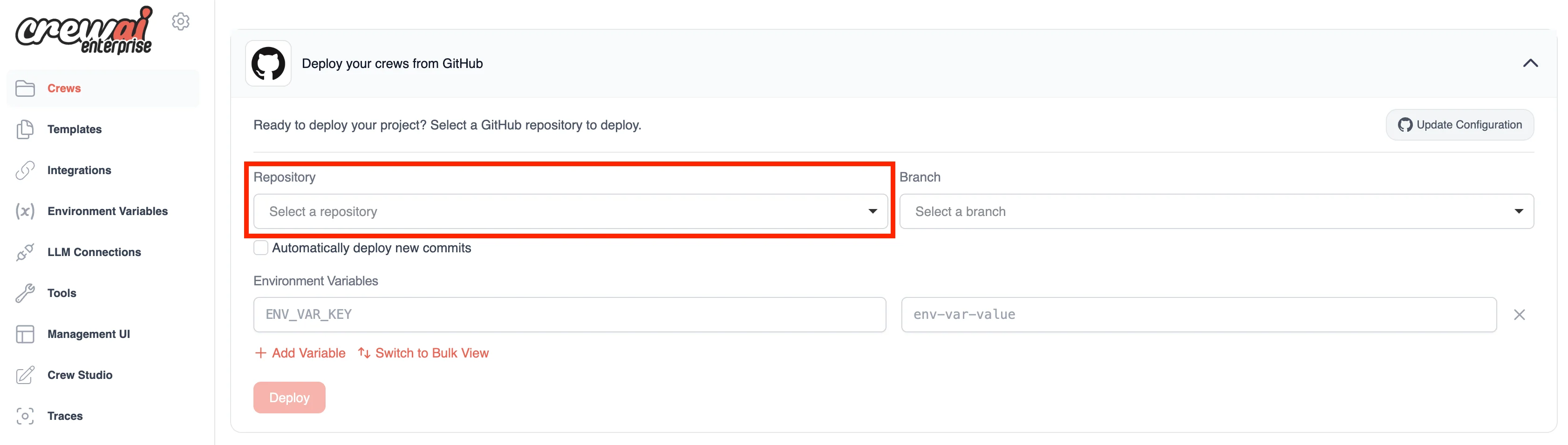 CrewAI AMP deploy screen: a 'Deploy your crews from GitHub' panel with Repository and Branch dropdowns, an 'Automatically deploy new commits' checkbox, and Environment Variables fields