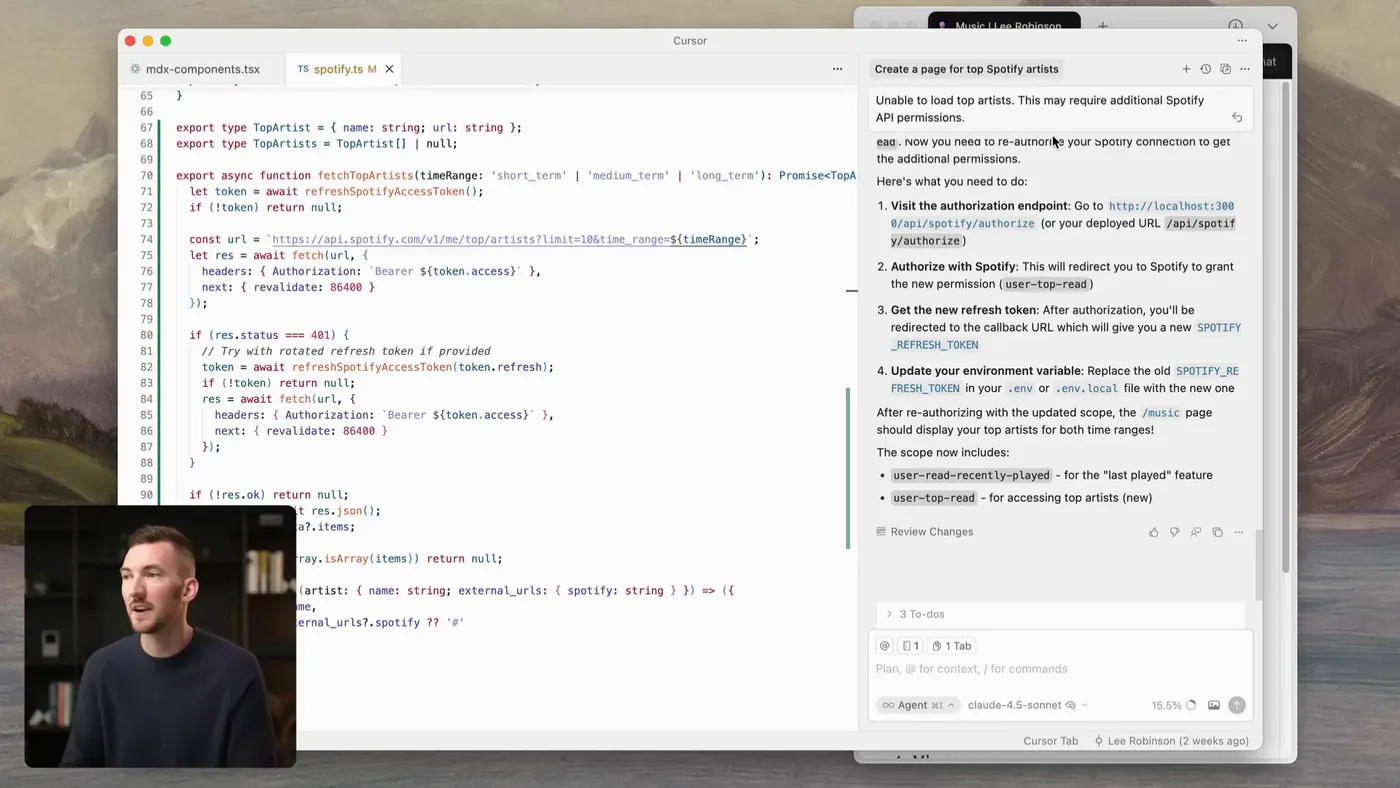 Cursor Agent chat showing a runtime error pasted in ('Unable to load top artists. This may require additional Spotify API permissions.') with the agent explaining the exact fix steps needed, from Cursor's official 'Agent: 10 Pro Tips' video