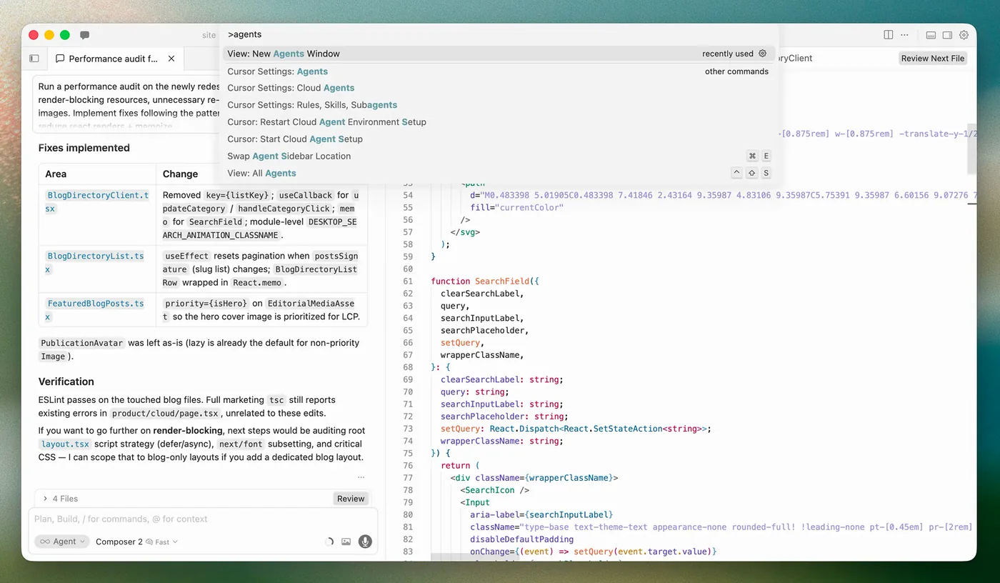 The Cursor editor with the Agent chat sidebar open — mode set to 'Agent' — showing a completed multi-file task ('Fixes implemented' table across three files, a '4 Files · Review' diff control) beside the code editor