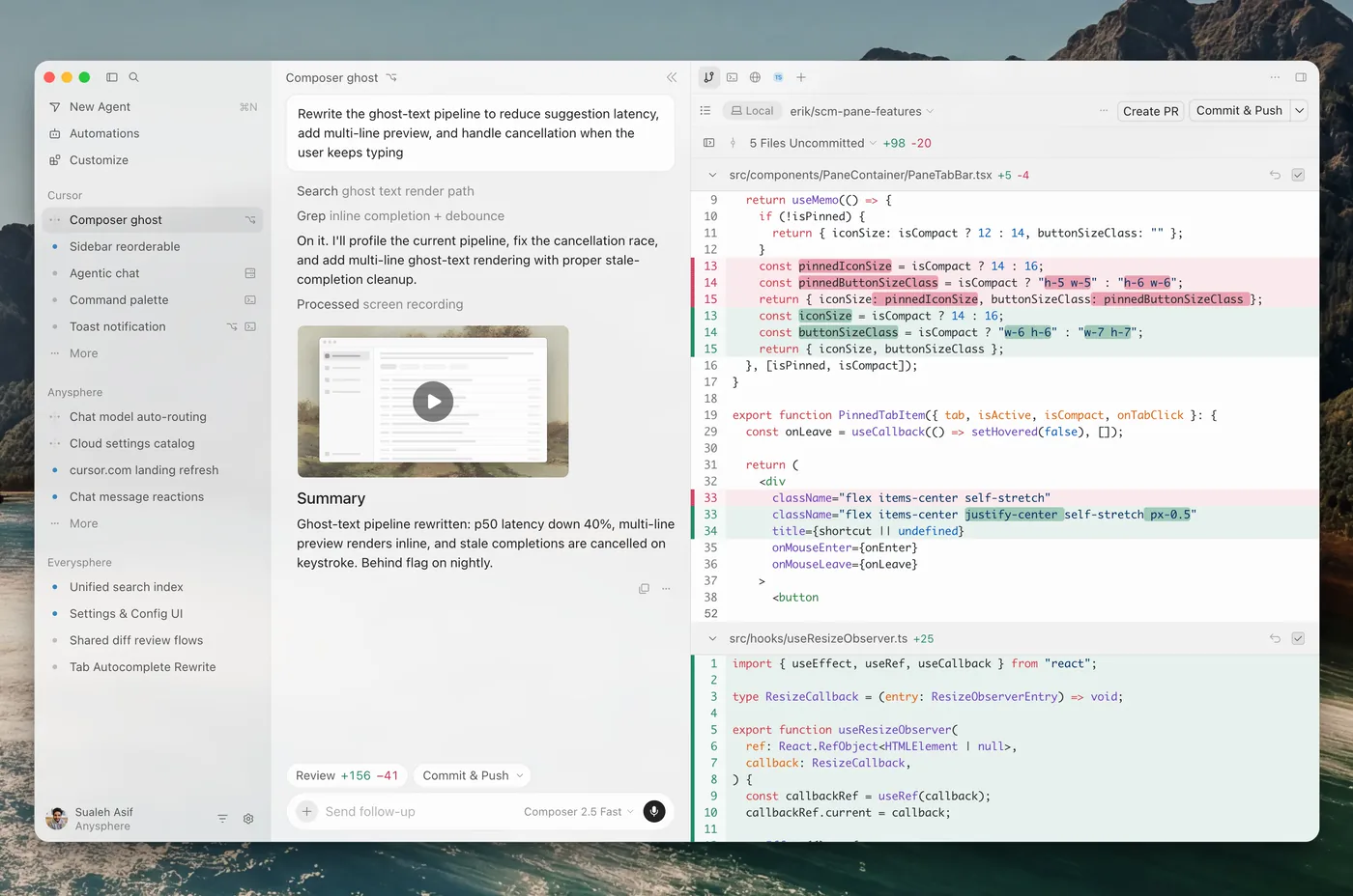 The Cursor editor: an agent chat panel in the middle showing a plain-English request and the agent's plan/summary, and a code pane on the right with a colour-coded diff (5 files uncommitted, +98/-20) plus 'Create PR' and 'Commit & Push' buttons