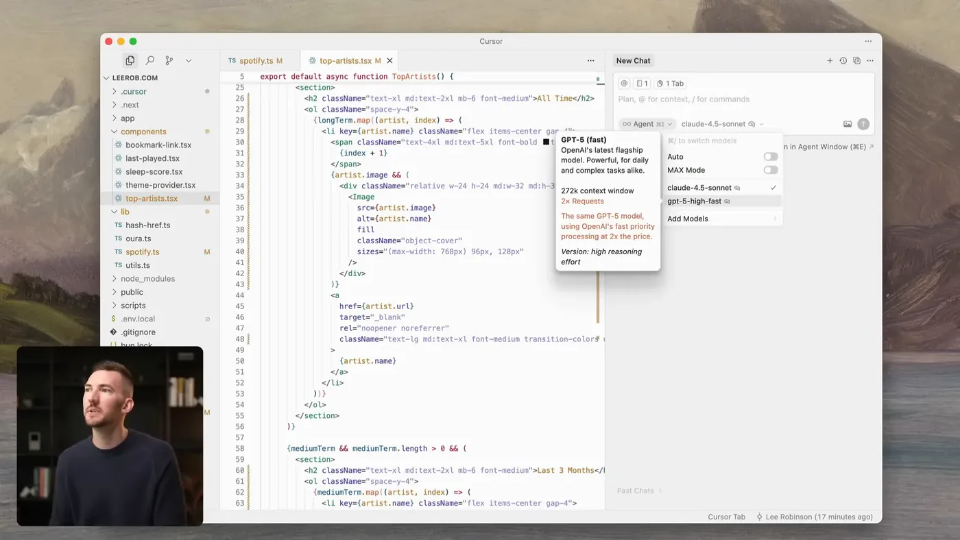 Cursor's model picker dropdown open in the chat/Agent bar, showing Auto, MAX Mode, claude-4.5-sonnet (selected) and gpt-5-high-fast with a tooltip describing GPT-5's context window and pricing, from Cursor's official 'Agent: 10 Pro Tips' video