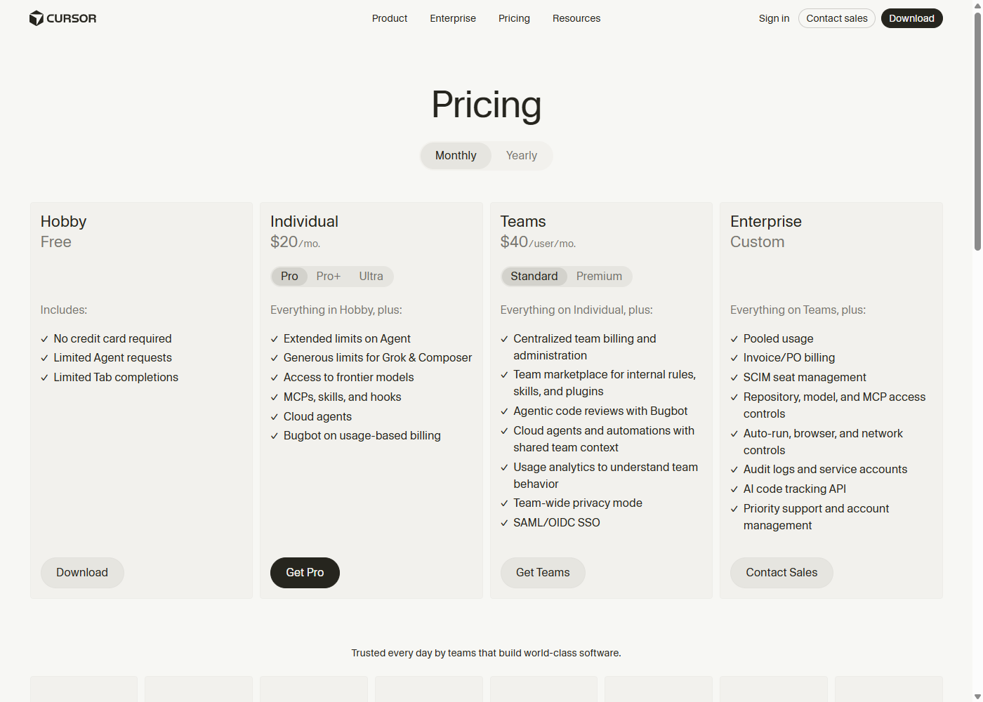Cursor's pricing page with Monthly billing selected: Hobby (Free), Individual with Pro/Pro+/Ultra tabs showing $20/mo for Pro, Teams at $40/user/mo, and Enterprise (Custom).