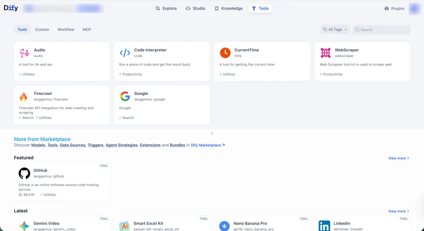 Dify Tools catalog showing built-in tools like Code Interpreter, WebScraper, Firecrawl and Google plus Marketplace tools