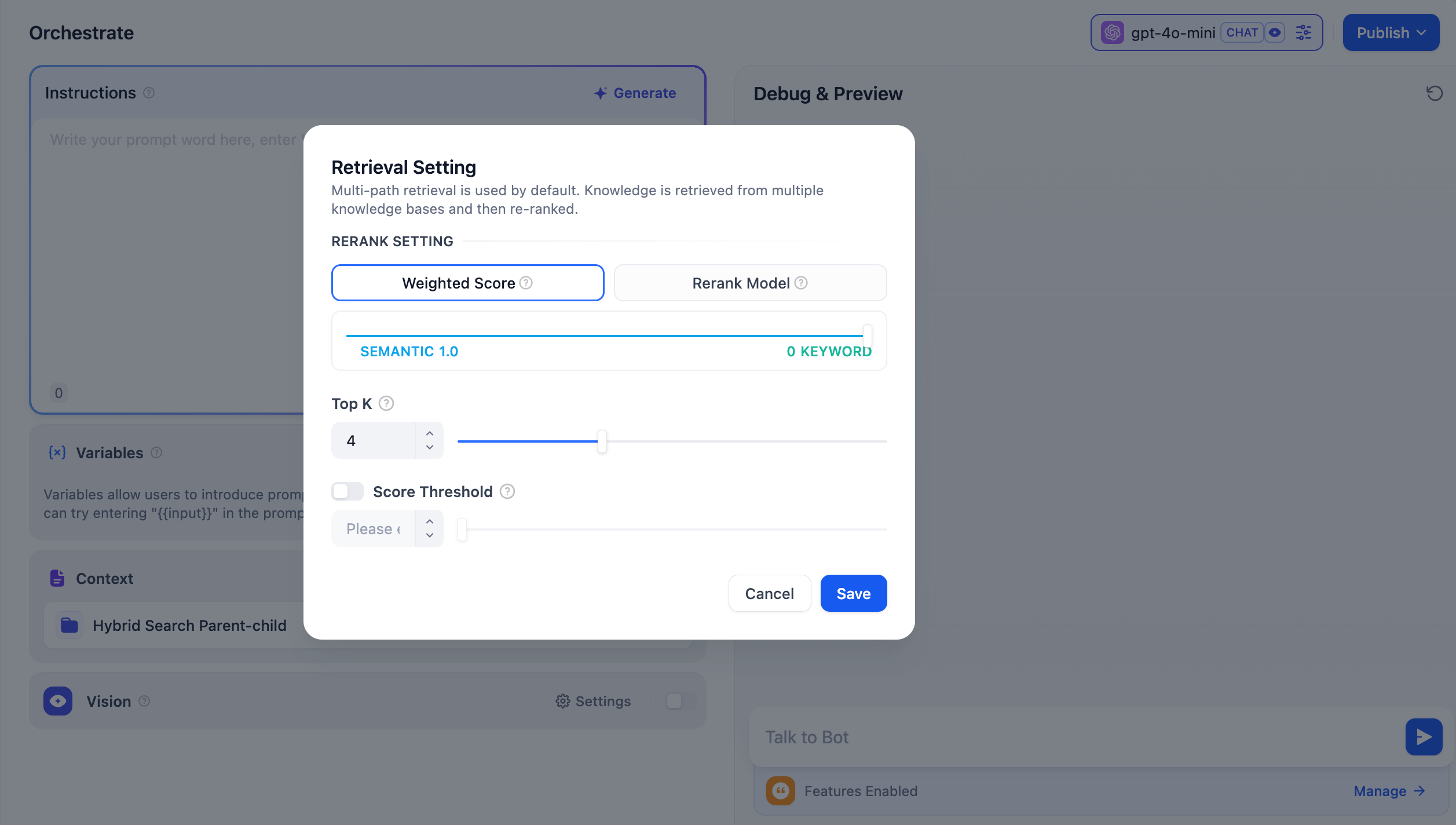 A Dify Chatbot's Orchestrate page with a knowledge base attached as Context and the Retrieval Setting dialog open showing Top K and semantic-vs-keyword search