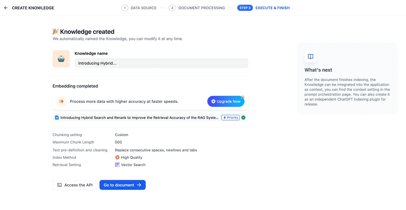 Dify's knowledge-creation wizard after embedding, with the retrieval setting shown.