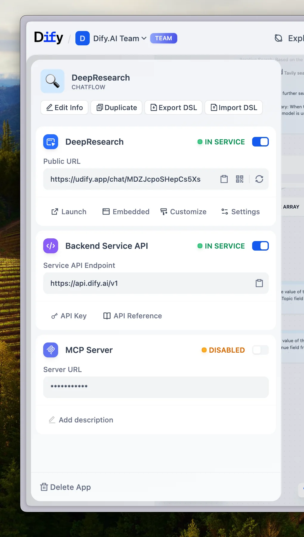 A Dify chatbot switched to In Service, with its public chat URL.