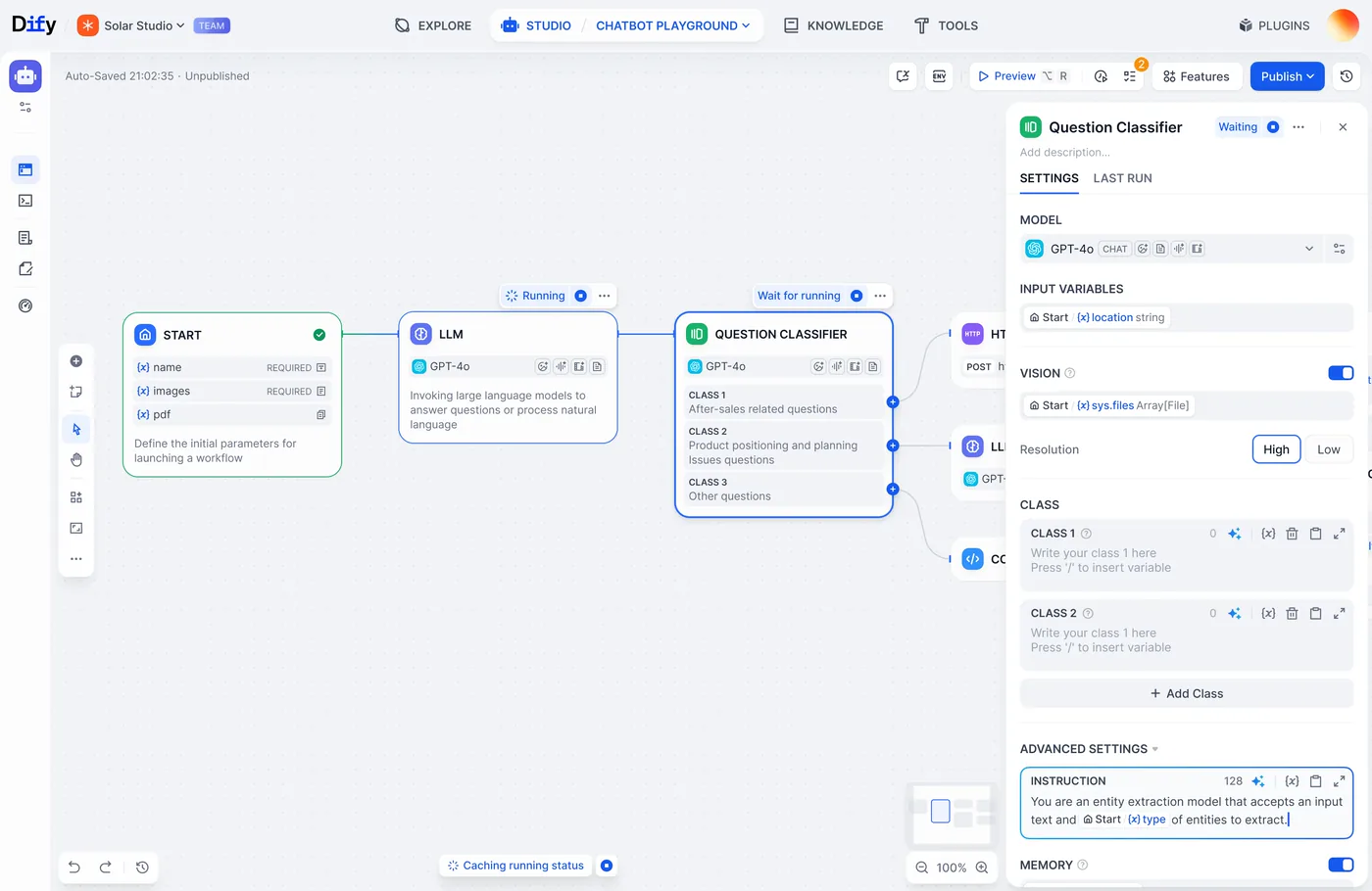 The Dify Workflow editor: a canvas of connected nodes (Start, LLM, Question Classifier) with the selected node's configuration panel open on the right