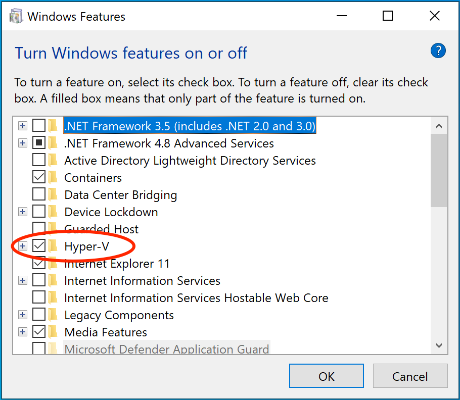 Windows Features dialog with the Hyper-V feature checkbox enabled