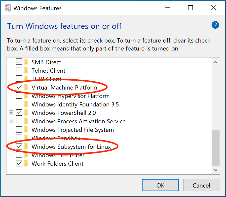 Windows Features dialog with Virtual Machine Platform and Windows Subsystem for Linux both enabled