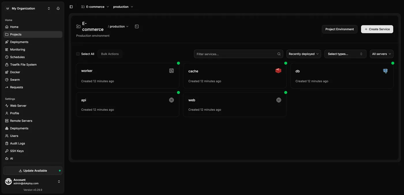 Dokploy web dashboard showing the project view with navigation for Projects, Databases, and server monitoring