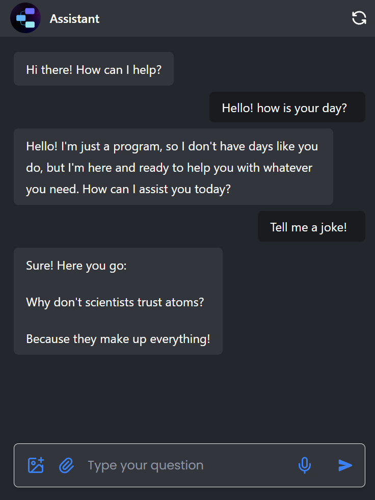 A Flowise Chatflow chat assistant answering questions in an embeddable chat panel with a 'Type your question' input