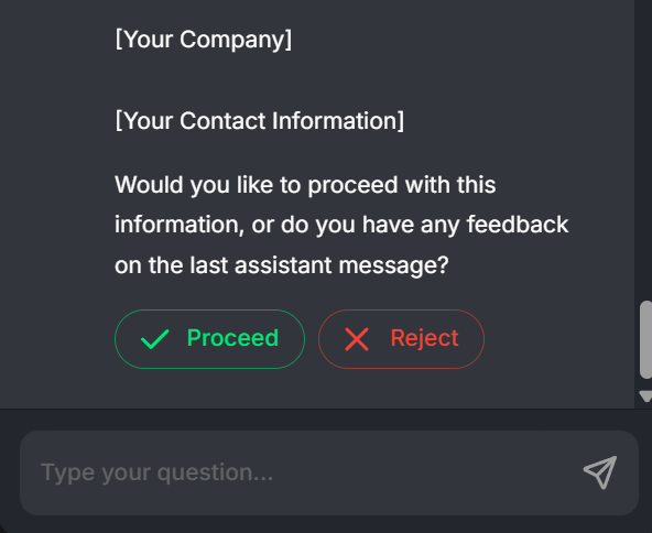 A Flowise human-in-the-loop review card asking 'Would you like to proceed...?' with green Proceed and red Reject buttons