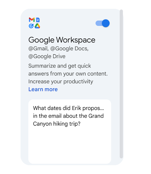 The Gemini Google Workspace extension card, showing it connected to @Gmail, @Google Docs, and @Google Drive, with an example query about an email discussing a Grand Canyon hiking trip.