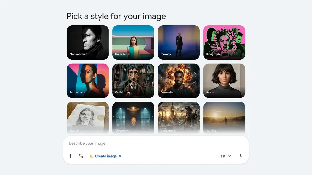The Gemini image-generation screen titled "Pick a style for your image", showing a grid of style tiles (Monochrome, Color block, Runway, Risograph, Technicolor, Gothic clay, Sketch, Cinematic, Steampunk, …) above a "Describe your image" prompt box with a Create image chip.