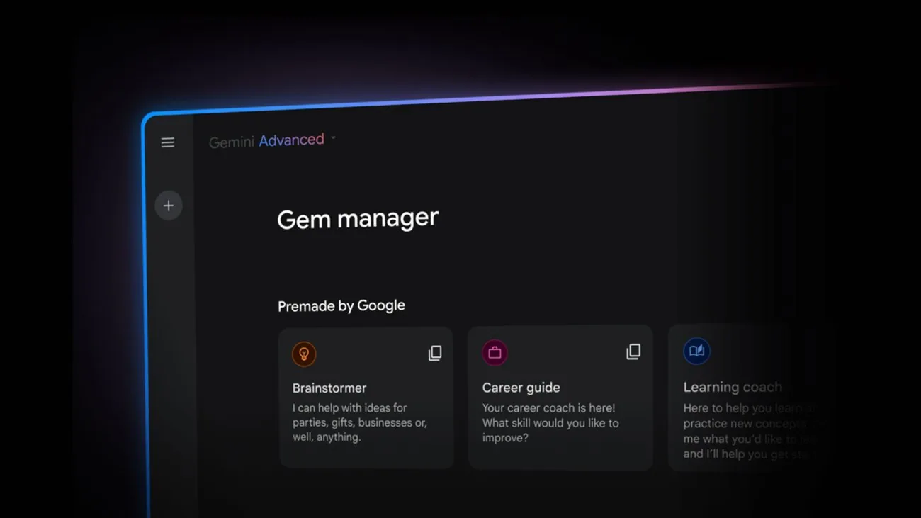 The Gemini "Gem manager" screen showing three premade Gems by Google — Brainstormer, Career guide, and Learning coach — each with an icon, name, and opening line.
