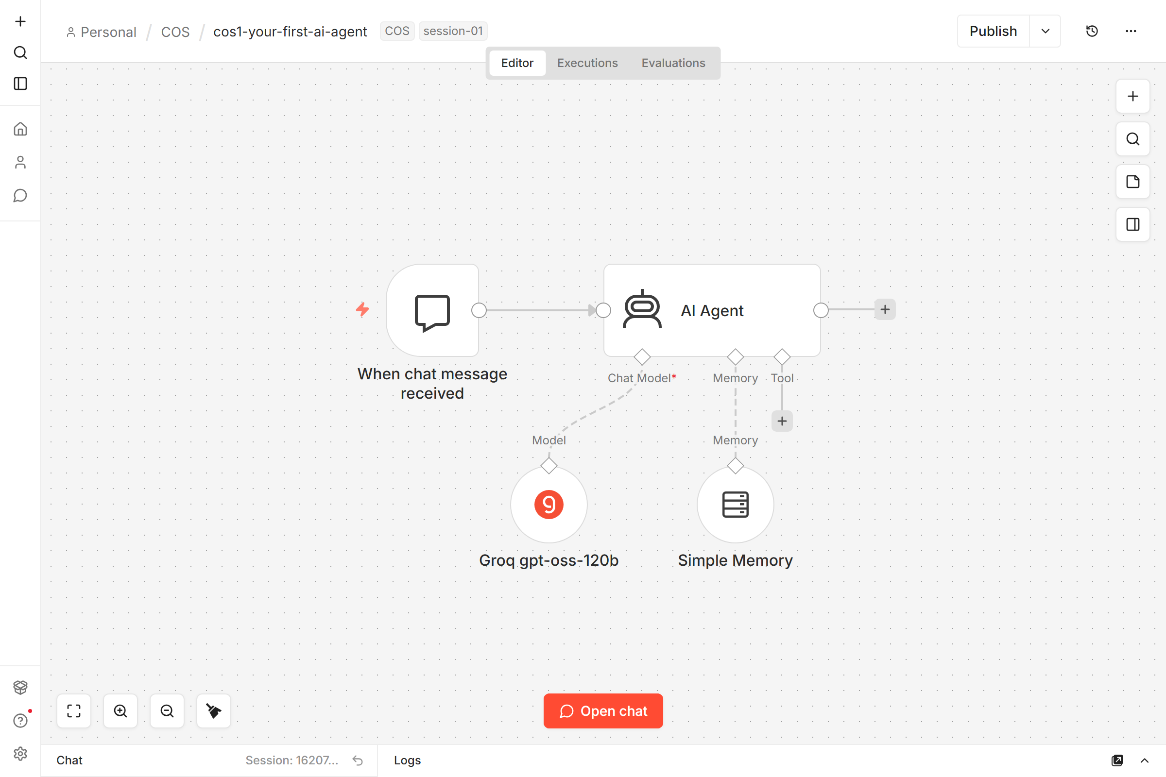 The cos1-your-first-ai-agent workflow on the n8n canvas: a chat trigger wired into an AI Agent node, with Groq gpt-oss-120b as its model and Simple Memory attached below.