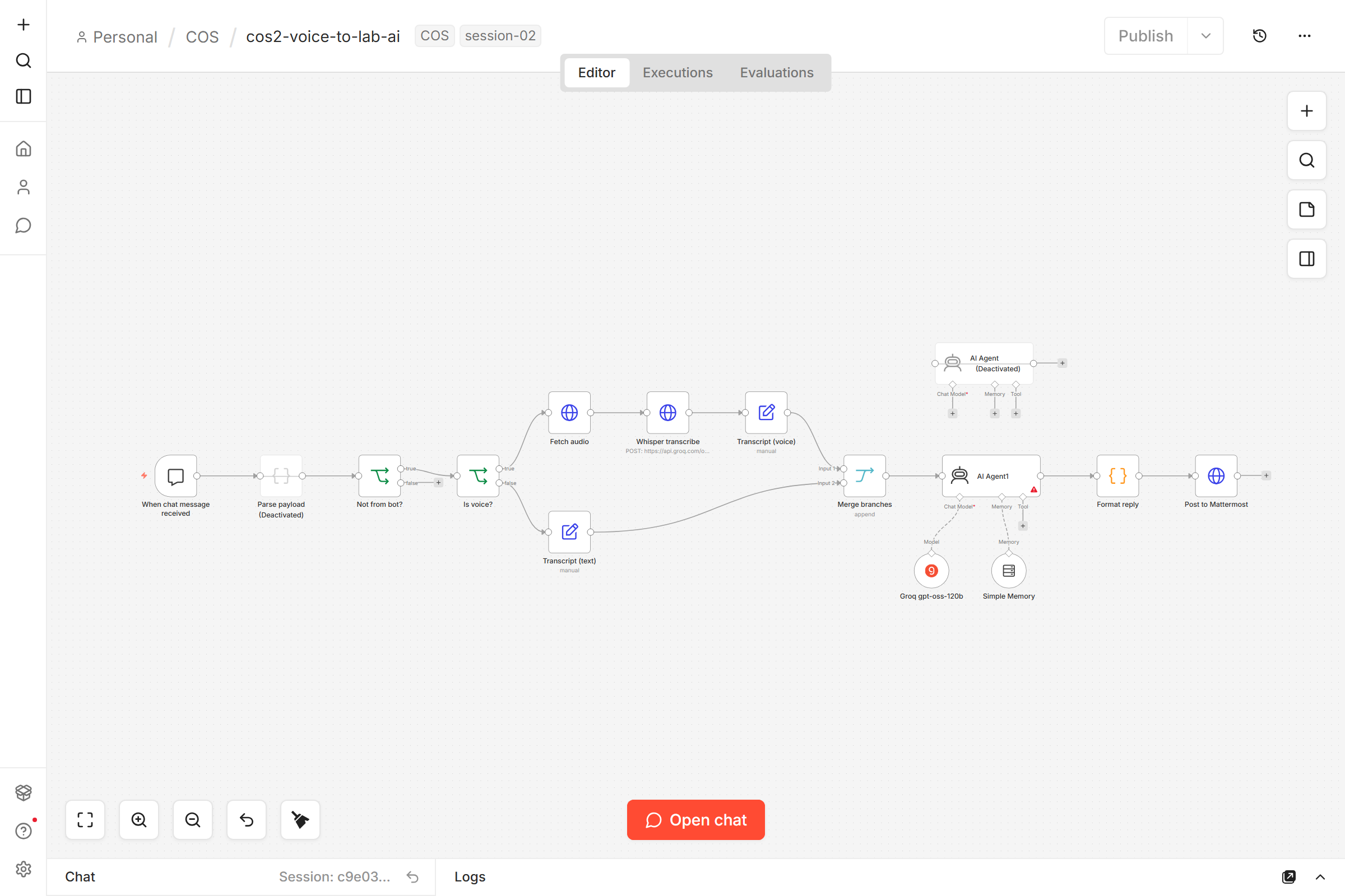 The cos2-voice-to-lab-ai workflow on the n8n canvas, running left to right from a chat trigger through a voice/text branch, Whisper transcription, a merge, an AI Agent, and a final Post to Mattermost node.