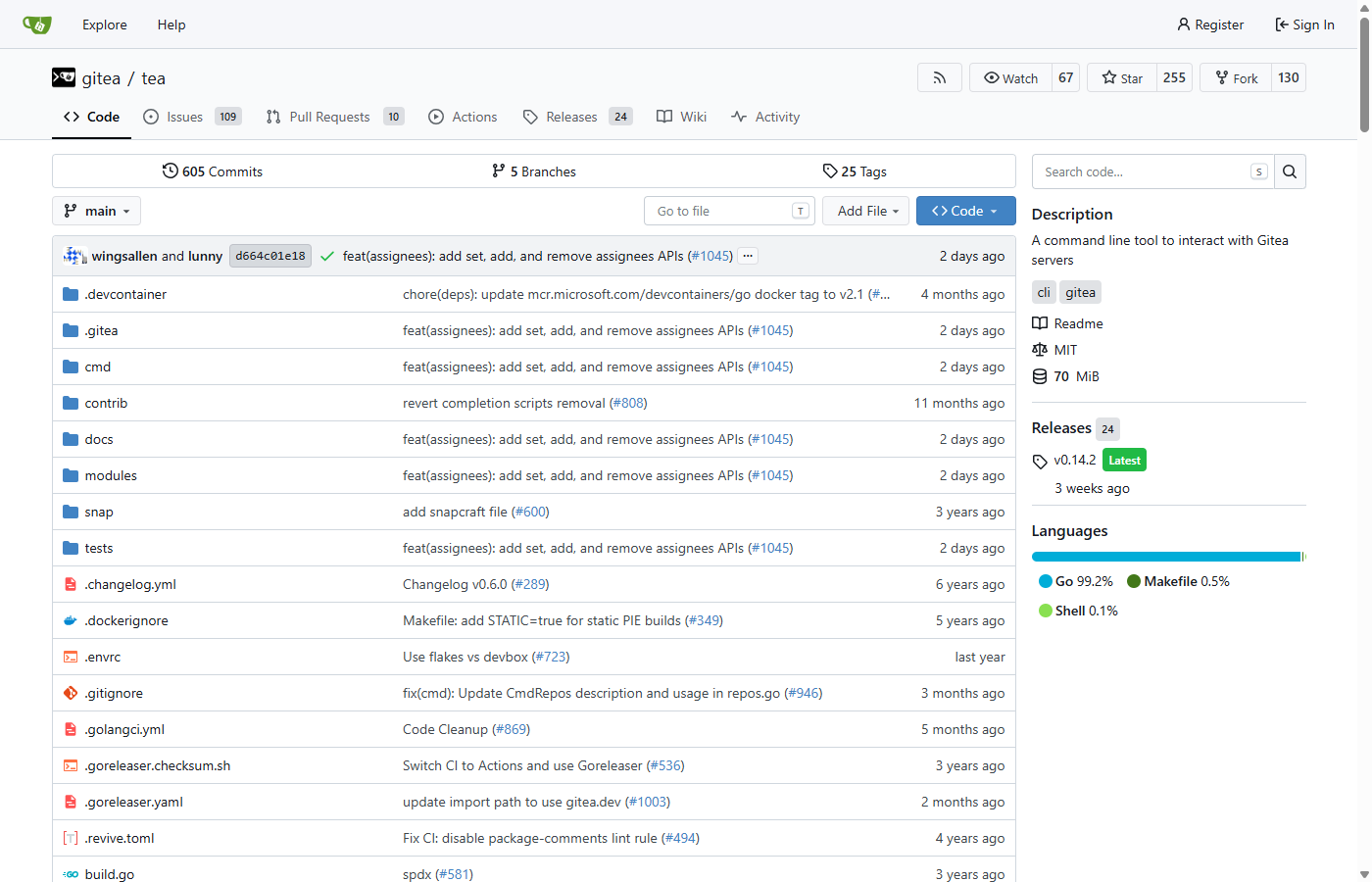 A Gitea repository page (gitea/tea) showing the Code, Issues, Pull Requests and Actions tabs, the file list, commit history and MIT licence