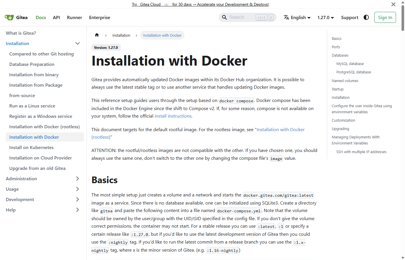 The official Gitea documentation page 'Installation with Docker', showing the docker compose setup and the docker.gitea.com/gitea:latest image