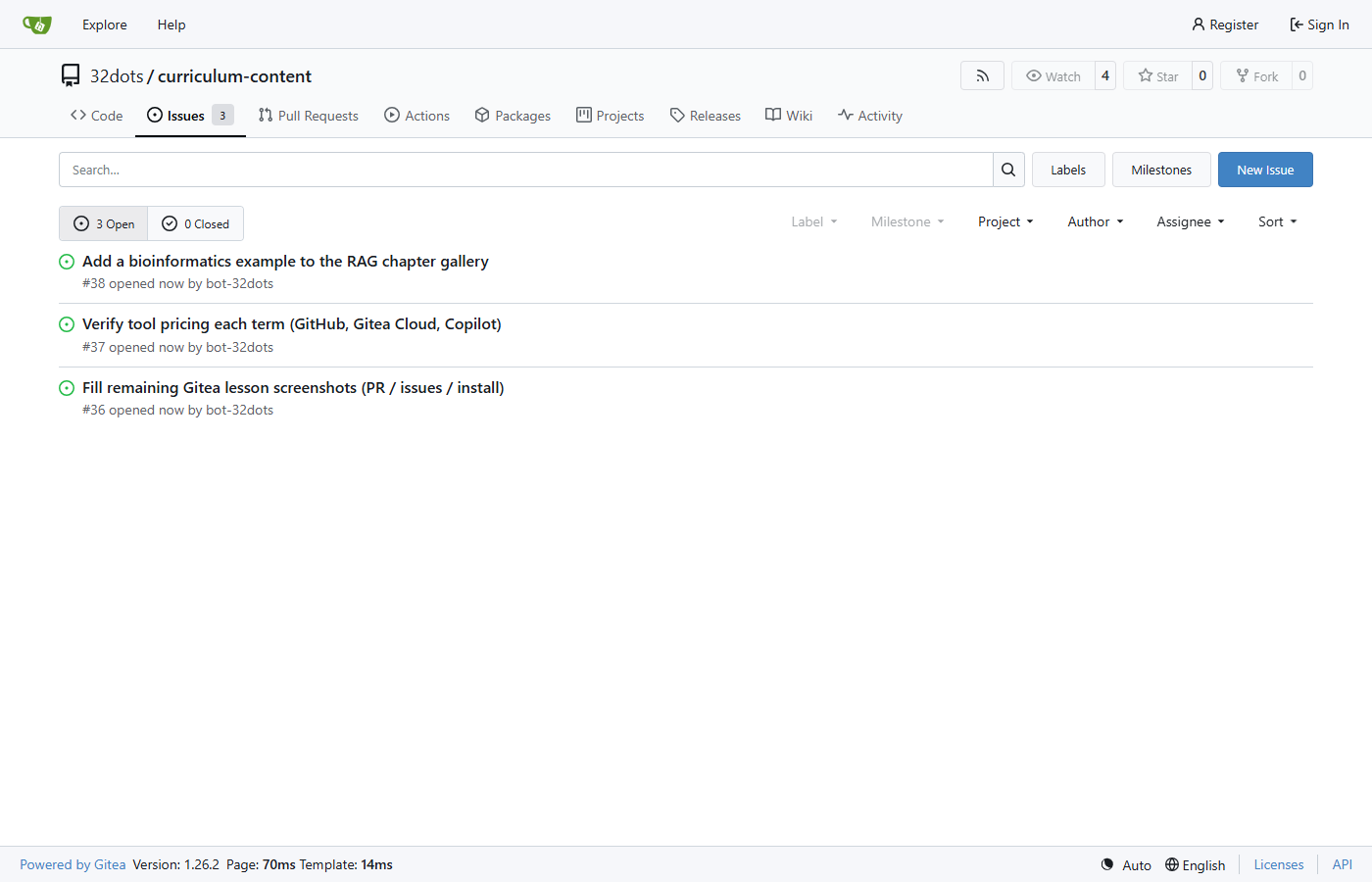 A Gitea issues list showing open issues with the Label / Milestone / Assignee / Sort filter bar
