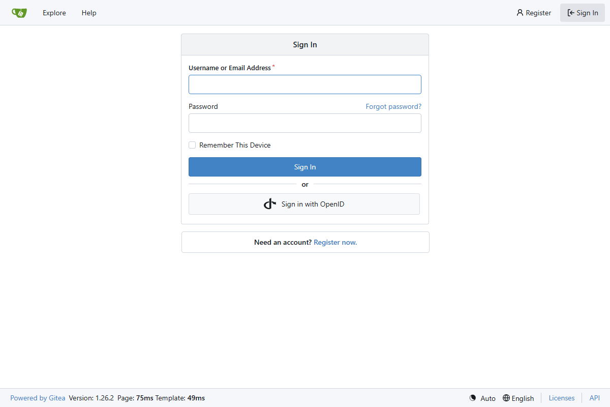 Gitea's sign-in page on a freshly started server: username and password fields, a Sign In button, and the Gitea version in the footer.