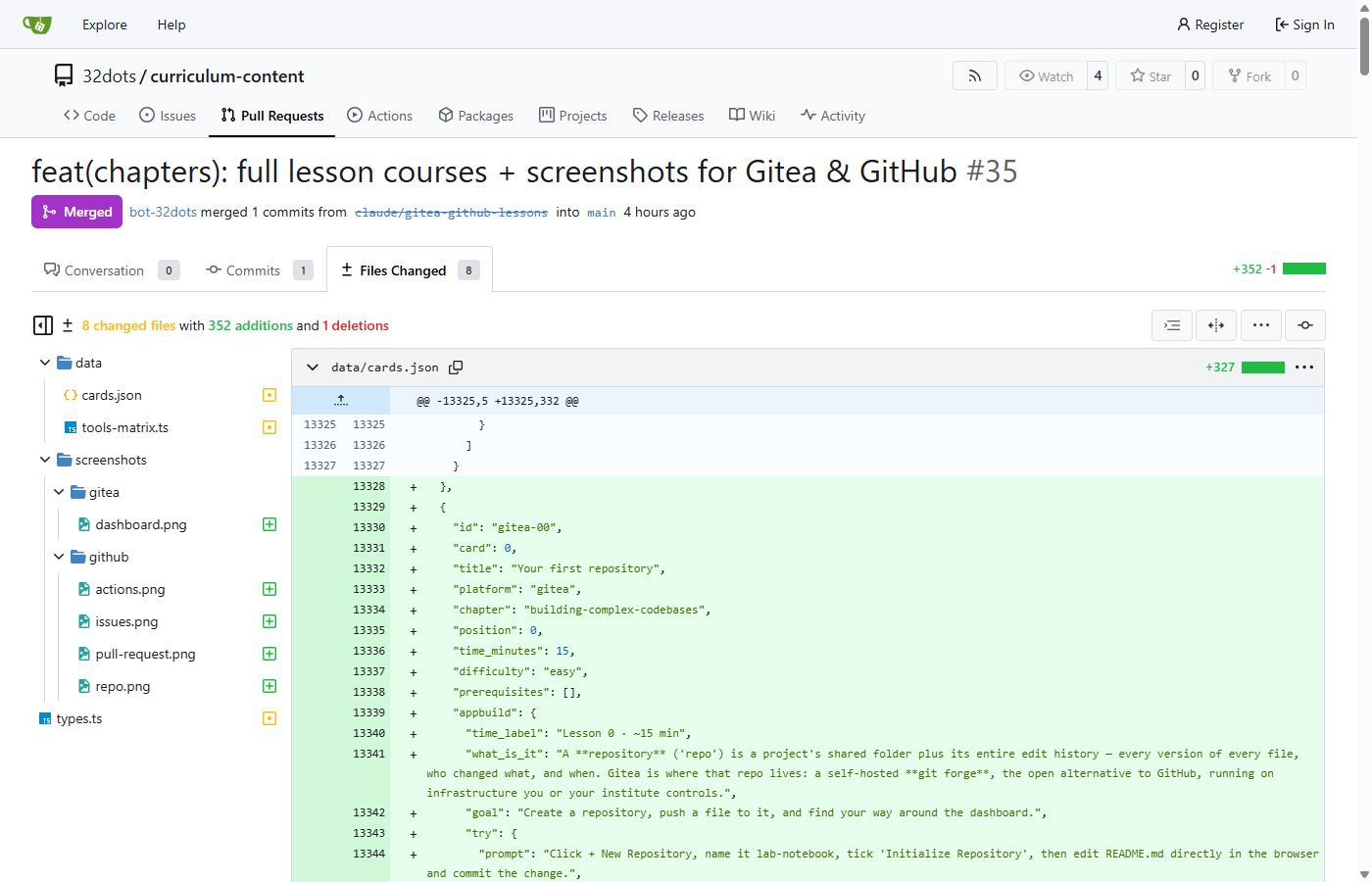 A merged Gitea pull request on the Files Changed tab, showing the file tree and a green line diff