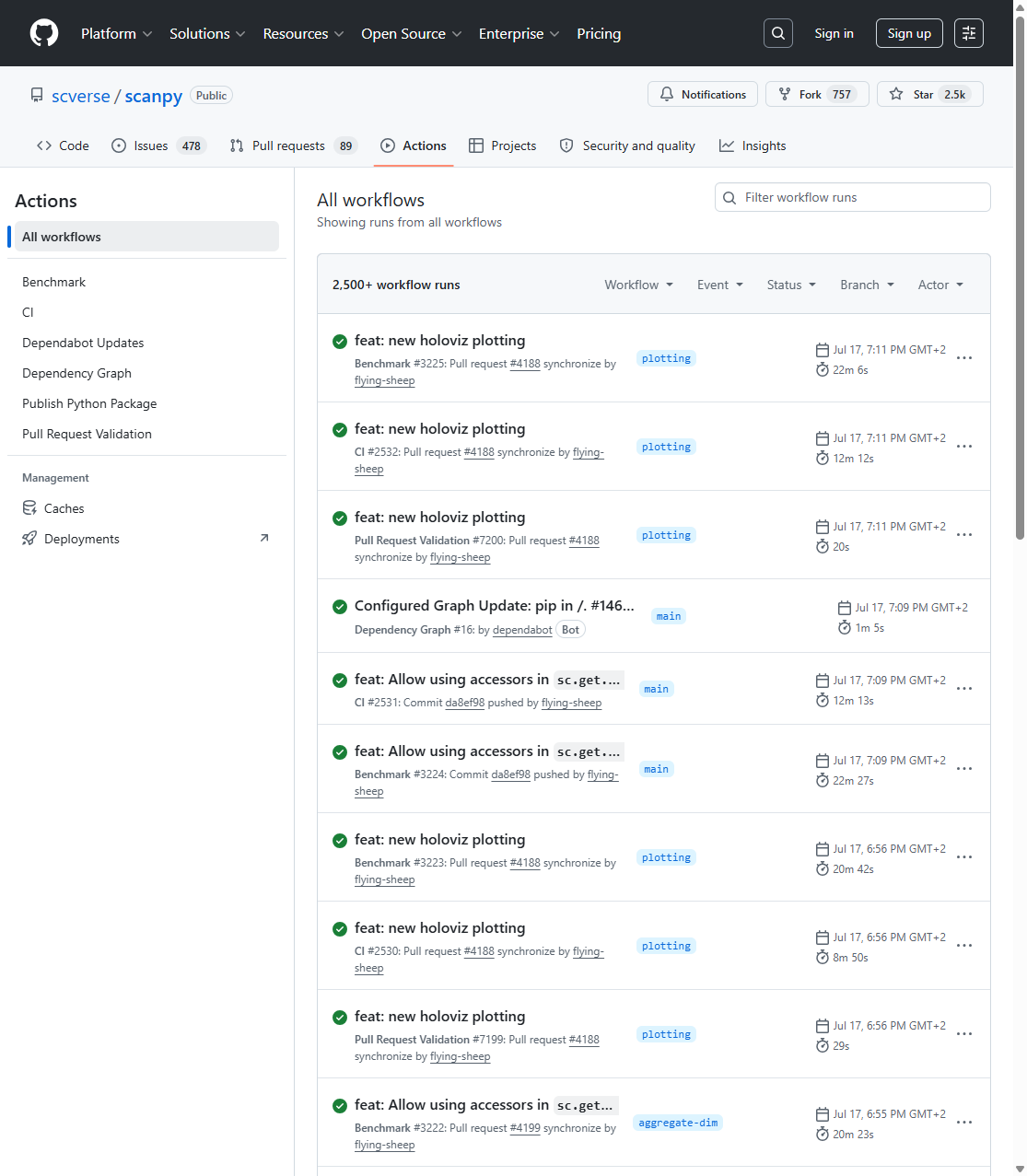 The scanpy GitHub Actions tab showing a list of workflow runs with green and red status icons