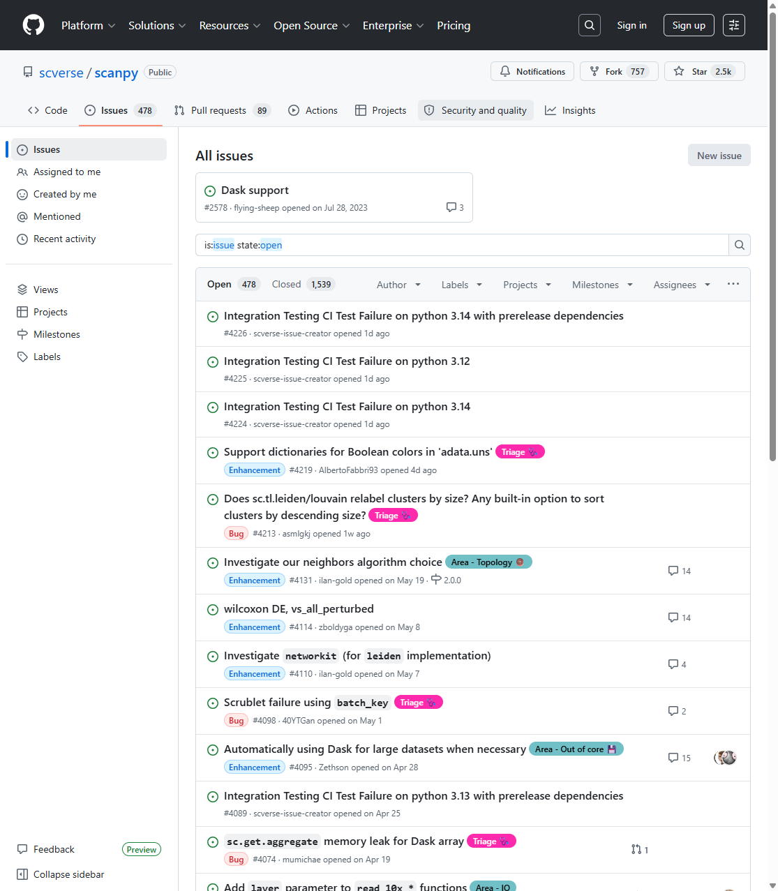 The scanpy GitHub Issues list showing open issues with titles, labels, and metadata