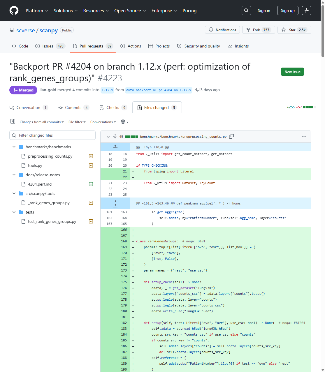 A merged GitHub pull request (scanpy #4223) on the Files changed tab showing a green-and-red line diff and the file tree