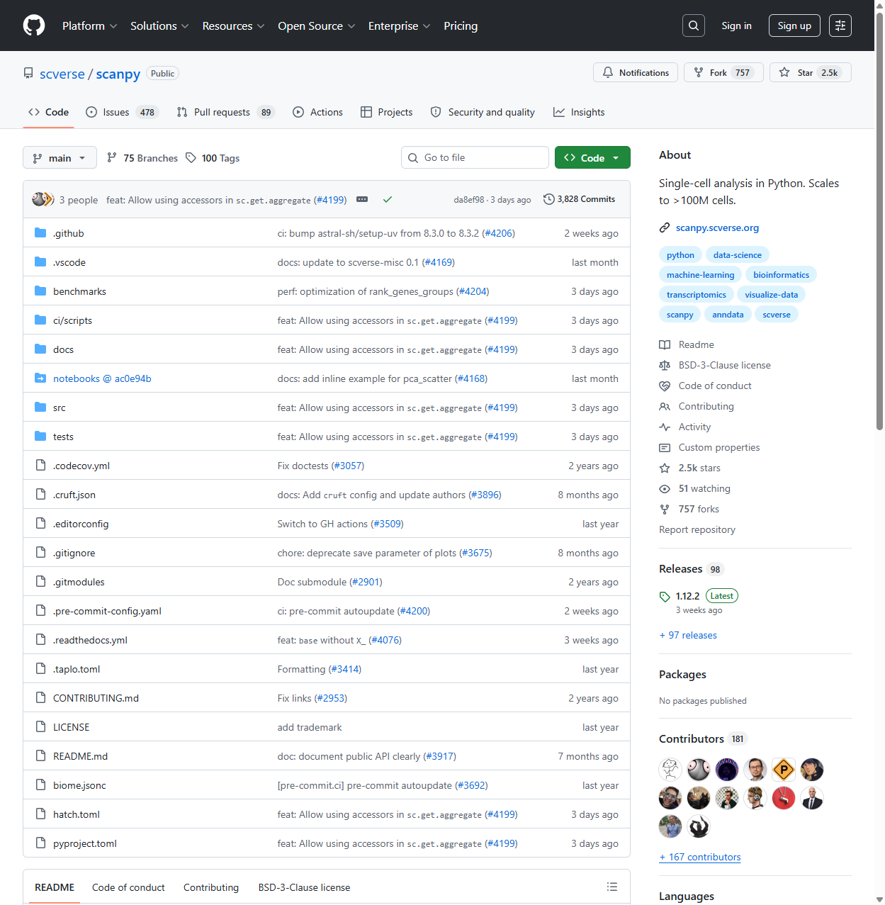 The scverse/scanpy GitHub repository page showing the file browser, rendered README, and the Code / Issues / Pull requests / Actions tab bar
