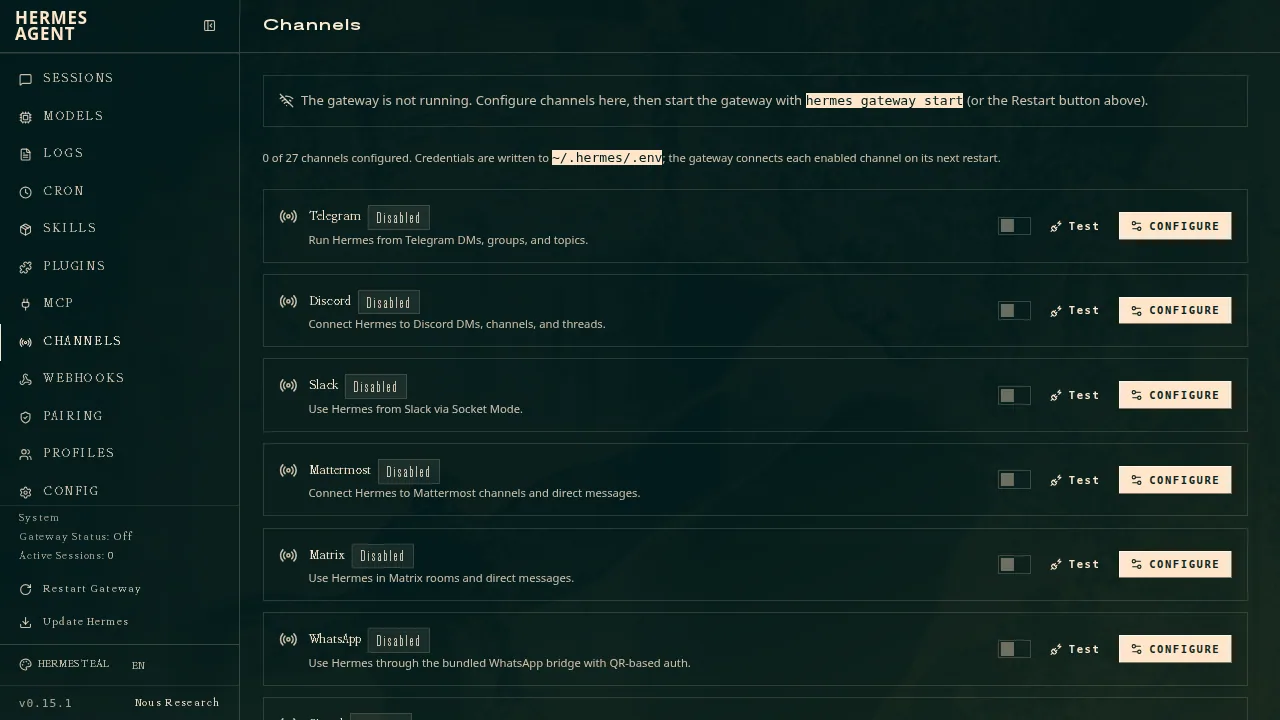 The Hermes Channels admin: channels to configure, and a notice that the gateway is not running.