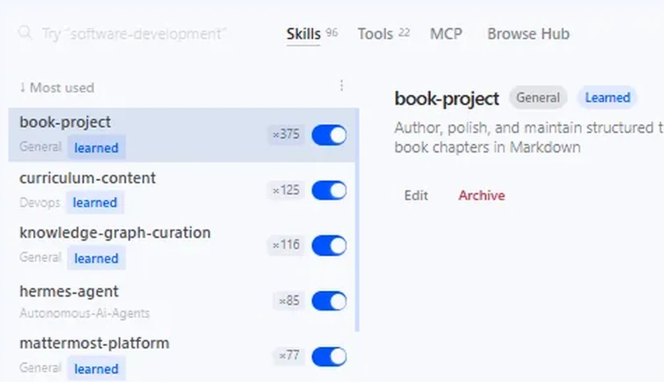 Hermes Desktop, Capabilities: the Skills (96), Tools (22), MCP and Browse Hub tabs above a list of skills ordered by how often each has run — book-project x375, curriculum-content x125 — each row carrying a category, a "learned" badge and an on/off switch, with the selected skill's description, Edit and Archive on the right.