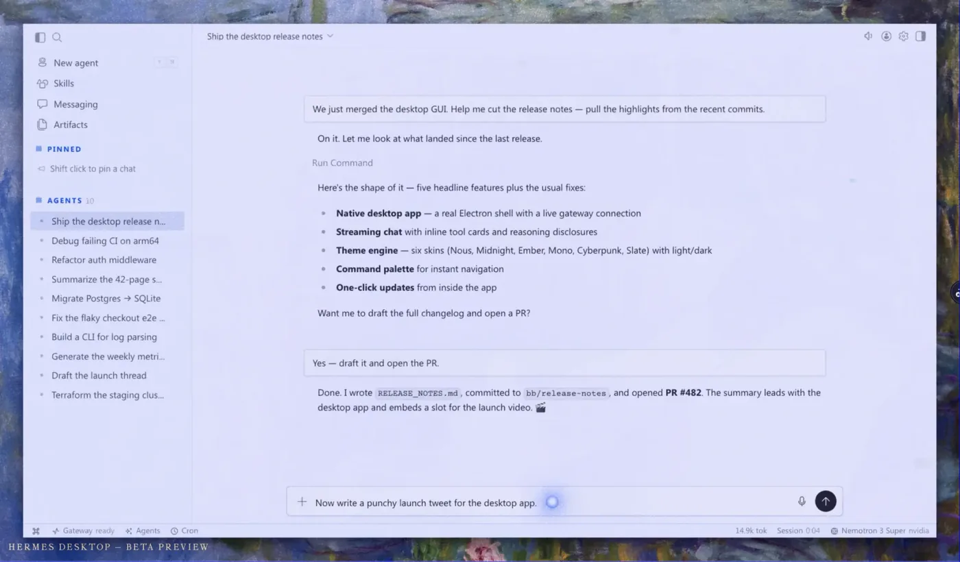 Hermes Desktop: a delegated task reported back as a summary, with New agent, Skills, Messaging and Artifacts in the left rail.