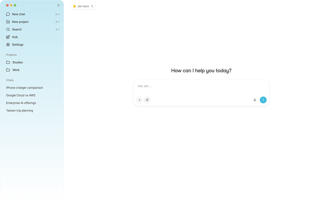 Jan's chat interface: a sidebar with New chat, Hub, Settings and saved Projects/Chats, and a main pane with 'Jan nano' selected as the model and an empty prompt box reading 'Ask Jan...'.