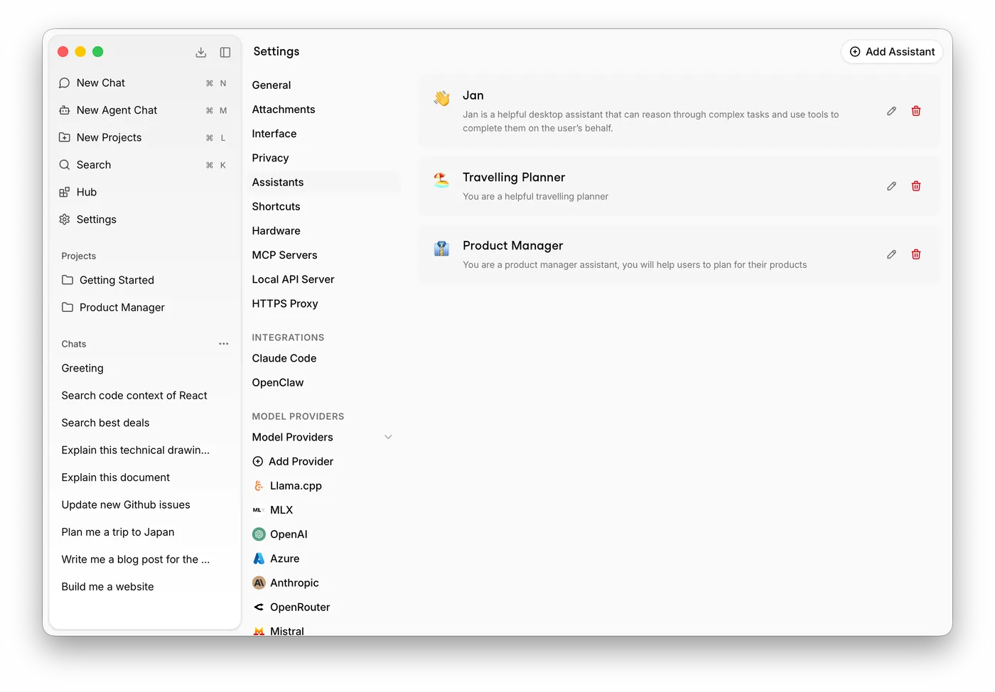 Jan's Settings → Assistants screen listing saved assistants (Jan, Travelling Planner, Product Manager) with an Add Assistant button and MCP Servers in the sidebar