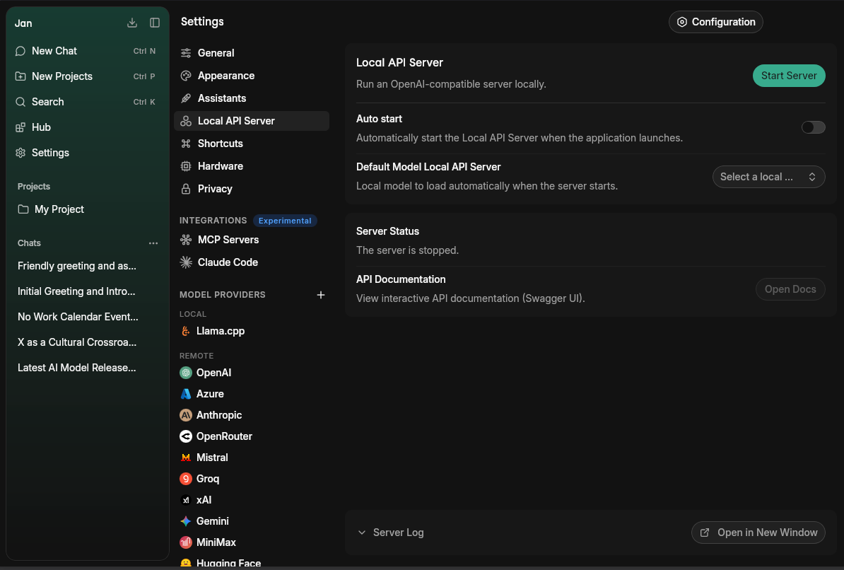 Jan's Settings → Local API Server panel, with a Start Server button, auto-start toggle, default-model picker, and server status