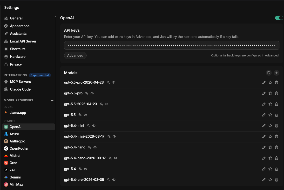 Jan's Settings screen for the OpenAI remote provider, with an API-key field and the list of available cloud models