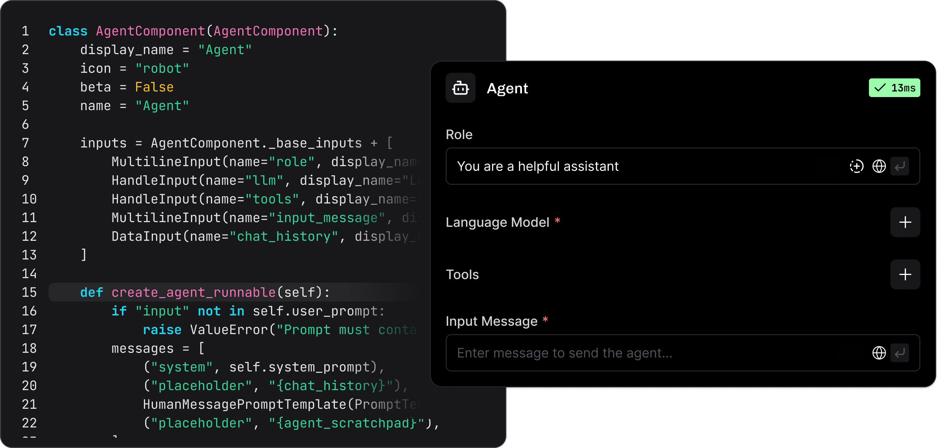 A Langflow Agent component shown as editable Python (class AgentComponent) on the left and the Agent node's configuration panel on the right with Role, Language Model, Tools and Input Message fields